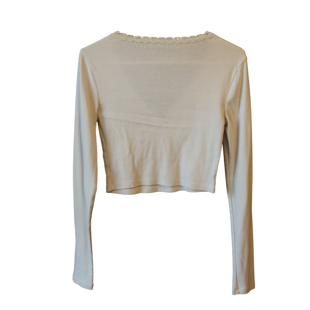 Vintage Aeropostale Womens Ribbed Lace V-Neck Long Sleeve Crop Top Cream White M - Picture 5 of 7